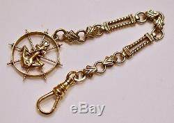 Antique Design 9Kt Gold Pocket Watch Chain Naval Ships Wheel Anchor Fob 6.5Gr #P