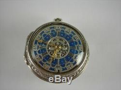 Antique English verge Fusee enamel case, calendar, repoussee pocket watch. 1746