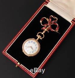 Antique French 18ct Gold Enamel & Seed Pearl Ladies Ribbon Brooch Pocket Watch