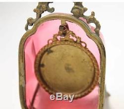 Antique French Cranberry Glass Gilt Pocket Watch Holder Case Beveled Clear Glass