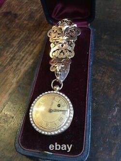 Antique French Gold Chatelaine Seed Pearl Set Gold Ladies Verge Fob Watch In Box