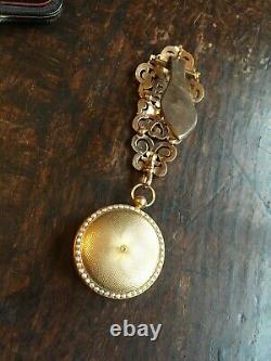 Antique French Gold Chatelaine Seed Pearl Set Gold Ladies Verge Fob Watch In Box