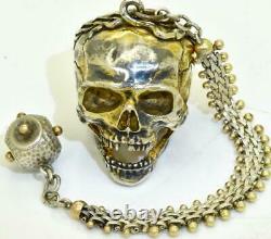 Antique French Memento Mori silver Skull Verge Fusee pocket watch&fob c1800's