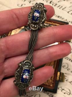 Antique French Sterling Silver Pocket Watch Chain Enamel Slide Stations Tassel