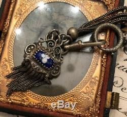 Antique French Sterling Silver Pocket Watch Chain Enamel Slide Stations Tassel