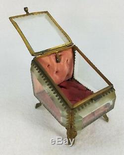 Antique French Tufted Brass & Beveled Glass Pocket Watch Casket Display Box