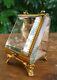 Antique French Tufted Brass Beveled Glass Pocket Watch Footed Casket Display Box
