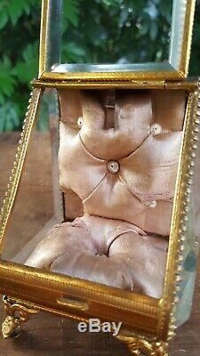 Antique French Tufted Brass Beveled Glass Pocket Watch Footed Casket Display Box