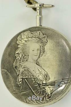 Antique French silver Verge Fusee watch. Marie Antoinette portrait. Erotic fob