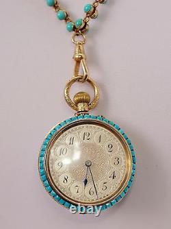 Antique GP Wehlan & Co 18k Y Gold Turquoise Rose Cut Diamond Pocket Watch