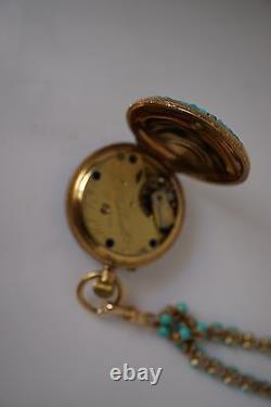 Antique GP Wehlan & Co 18k Y Gold Turquoise Rose Cut Diamond Pocket Watch