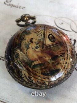 Antique Georgian Under Painted Horn Verge Fusee Guilt Pocket Watch