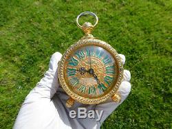 Antique German Gold Gilt Case 7 Jewels 8 Day Alarm Big Pocket Watch Size Clock