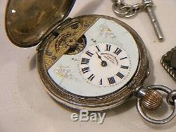 Antique Hebdomas 8 Day Silver Full Hunter Pocket Watch & Chain