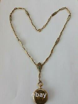 Antique LONGINES Ladies Pendant Watch 18K Yellow Gold & Enamel + 14K Necklace