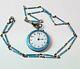 Antique London Sterling Silver Enamel Pocket Watch & Chain For Resto Or Repair