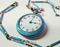 Antique London Sterling Silver Enamel Pocket Watch & Chain For Resto or Repair