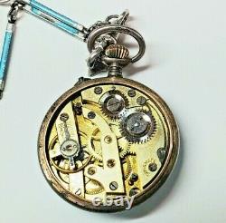 Antique London Sterling Silver Enamel Pocket Watch & Chain For Resto or Repair