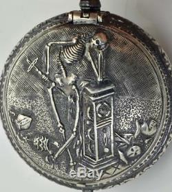 Antique Memento Mori verge fusee watch. Grim Reaper Skeleton Skull silver case