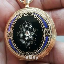 Antique Montandon Pocket Watch Enamel Solid 18k Rose Gold With Diamonds