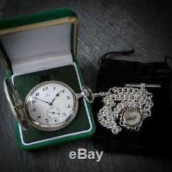 Antique Omega Silver Full Hunter Pocket Watch with Chain and Box