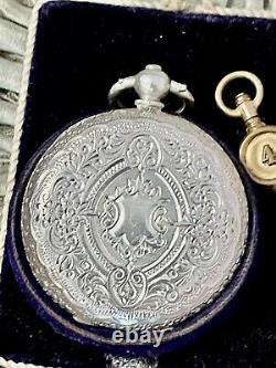 Antique Ornate Pocket Fob watch Victorian solid silver Original box c1900