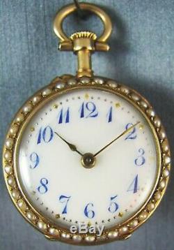Antique Pendant Ladies Pocket Watch Solid 18k Gold Enamel C. 1900