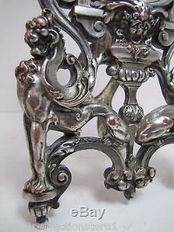 Antique Pocket Watch Holder w Pair Griffins Scary Evil Face Torch silver plate