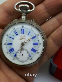 Antique Rare Pocket Watch Ottoman 2 Face Dual Time 800 Silver Big Size Good Work
