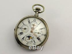 Antique SOLID SILVER TRIPLE DATE MOON-PHASE POCKET WATCH