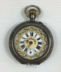 Antique Silver Cased Pocket Watch Horse Racing Scene Ornate Movement