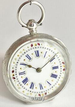 Antique Silver European Cylinder Pocket Watch Ruby, Sapphire & Gold Dial c. 1880