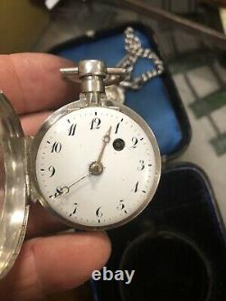Antique Silver French Fusee Verge Pocket Watch With Box Chain Key Wind