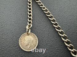 Antique Silver Hallmarked Single Albert Watch Chain And Lucky Coin Fob 9