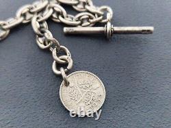 Antique Silver Hallmarked Single Albert Watch Chain And Lucky Coin Fob Rare 4