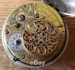 Antique Silver Pair Cased Fusee Pocket Watch Circa 1786