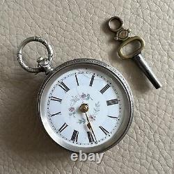 Antique Silver Pocket Watch French Key Working 1860s Hand Painted Dial Cartouche
