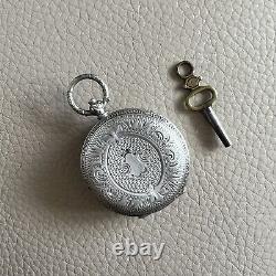 Antique Silver Pocket Watch French Key Working 1860s Hand Painted Dial Cartouche