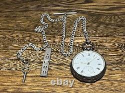 Antique Silver Pocket Watch With Silver Albert Chain & Ingot Fob