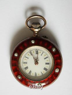 Antique Silver Red Enamel Dido Ladies Pocket Watch decorated with Pearls c1880