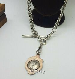 Antique Solid Silver Albert Pocket Watch Chain With Fob & T-bar 66.5 G