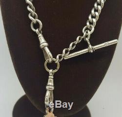 Antique Solid Silver Albert Pocket Watch Chain With Fob & T-bar 66.5 G