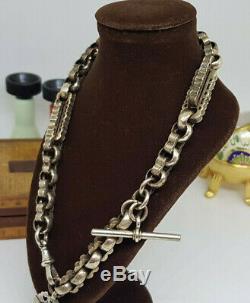 Antique Solid Silver Double Albert Pocket Watch Chain With Fob 67 G