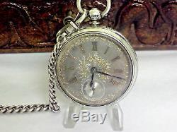 Antique Solid Silver Fusee Pocket Watch Silver Face 1876 & Albert Chain & Fob