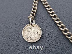 Antique Solid Silver Hallmarked Single Albert Watch Chain And Lucky Coin Fob 1