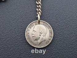Antique Solid Silver Single Albert Watch Chain And 1931 Silver One Shilling Fob
