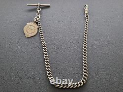 Antique Solid Silver Single Albert Watch Chain And Fob Long Heavy
