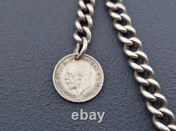 Antique Solid Silver Single Albert Watch Chain And Lucky Coin Fob Rare 6