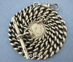 Antique Solid Sterling Silver Albert Pocket Watch Chain & Coin Fob 36g 1900