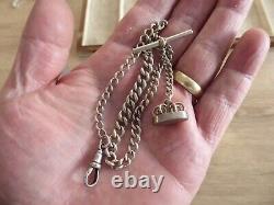 Antique Solid Sterling Silver Single Albert Pocket Watch Chain & Fob
